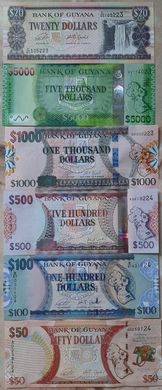 Гайана - набор 6 банкнот 20 50 100 500 1000 5000 Dollars 1996 - 2019 - UNC