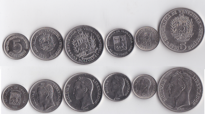 Venezuela - set 6 coins 5 25 50 Centimos 1 2 5 Bolivares 1986 - 1990 - UNC