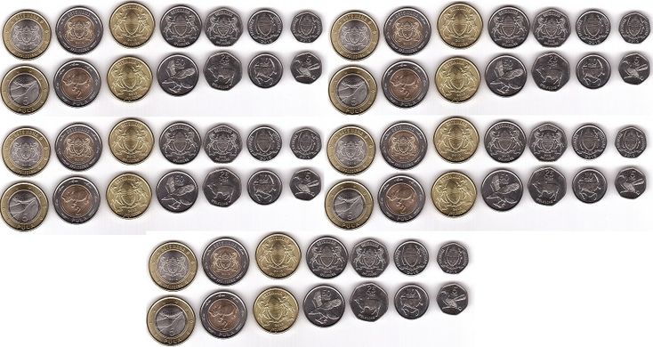 Ботсвана - 5 шт х набор 7 монет - 5 10 25 50 Thebe 1 2 5 Pula 2013 - 2016 - UNC
