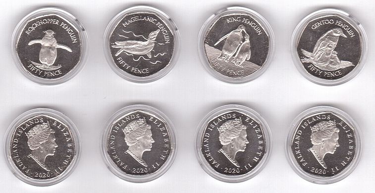Фолклендские острова - набор 4 монеты x 50 Pence 2020 - Queen Elizabeth ll - в капсулах - UNC