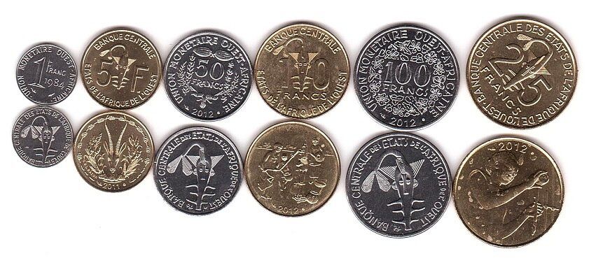 Західна Африка - набір 6 монет 1 5 10 25 50 100 Francs 1984 - 2012 - #1 - UNC