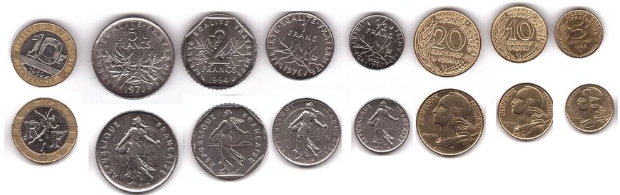 Франція - набір 8 монет 5 10 20 Centimes 1/2 1 2 5 10 Francs - mixed - aUNC / XF+