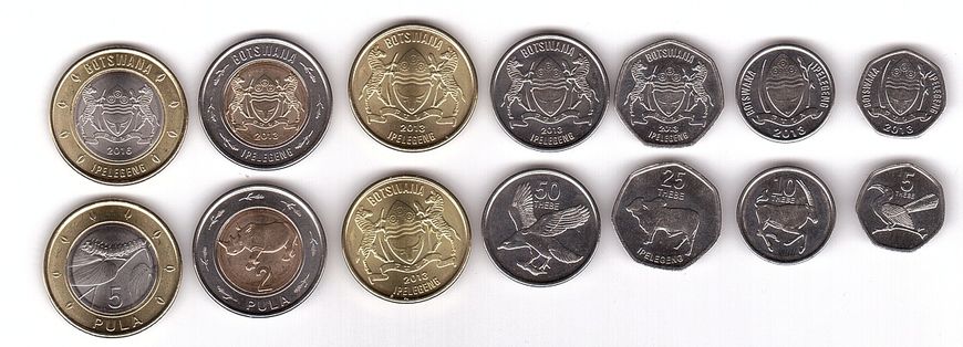 Ботсвана - 5 шт х набор 7 монет - 5 10 25 50 Thebe 1 2 5 Pula 2013 - 2016 - UNC