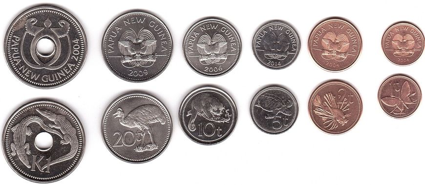 Папуа - Нова Гвінея - набір 6 монет 1 2 5 10 20 Toea + 1 Kina 2004 - 2014 - UNC / aUNC