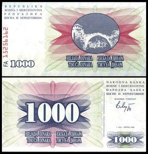 Босния и Герцеговина - 1000 Dinara 1992 - Pick 15 - UNC