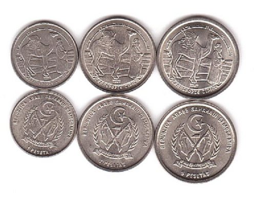 Сахарська АДР - 5 шт х набір 3 монети 1 2 5 Pesetas 1992 - UNC
