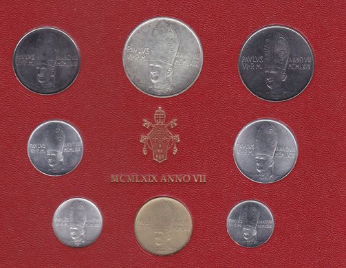 Ватикан - набор 8 монет 1 2 5 10 20 50 100 ( 500 серебро ) Lire 1969 - на картонке - aUNC / XF
