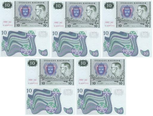 Sweden - 5 pcs х 10 Kronor 1981 - P. 52e - different series - aUNC / XF