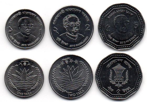 Бангладеш - 5 шт х набір 3 монети 1 2 5 Taka 2010 - 2012 - UNC