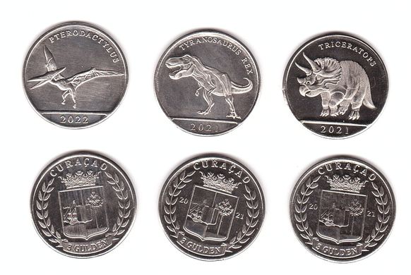 Fantasy - Curacao - Кюрасао - набір 3 монети x 1 Dollar 2021 - 2022 - Динозаври - UNC