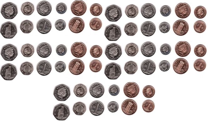Остров Мэн - 5 шт х набор 6 монет 1 2 5 10 20 50 Pence 2010 - UNC