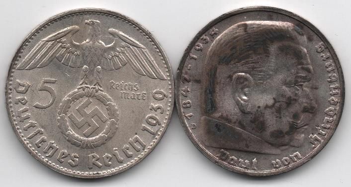 Німеччина - 5 Reichmark 1939 - D - срібло - VF