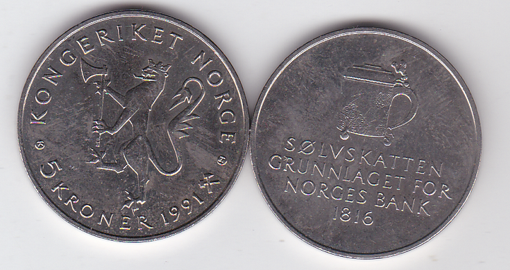 Норвегія - 5 Kroner 1991 - 175 років Національний банк Норвегії - aUNC