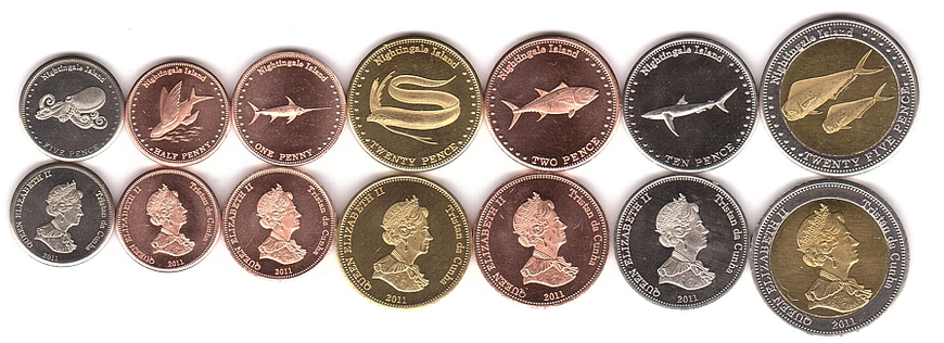 Nightingale Island - set 7 coins 1/2 1 2 5 10 20 25 Pence 2011 - UNC