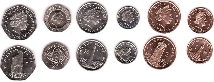 Острів Мен - 5 шт х набір 6 монет 1 2 5 10 20 50 Pence 2010 - UNC
