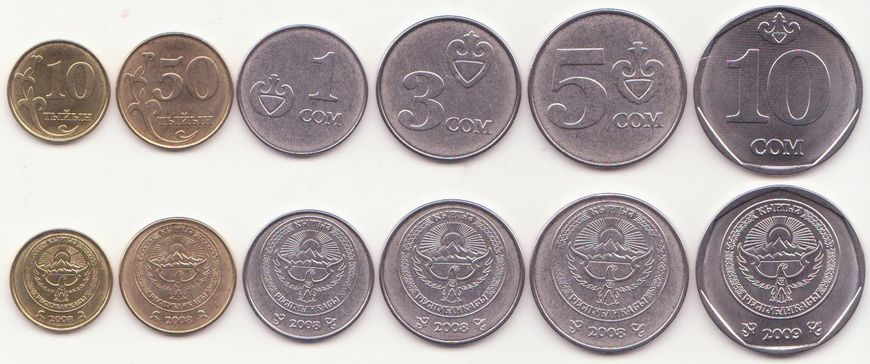 № 1 - Киргизстан - 5 шт. X набір 6 монет 10 50 Tyiyn 1 3 5 10 Som 2008 - 2009 - UNC