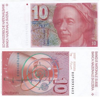 Швейцария - 10 Francs 1980 - Pick 53b(2) - signatures: Wyss and P. Languetin - UNC