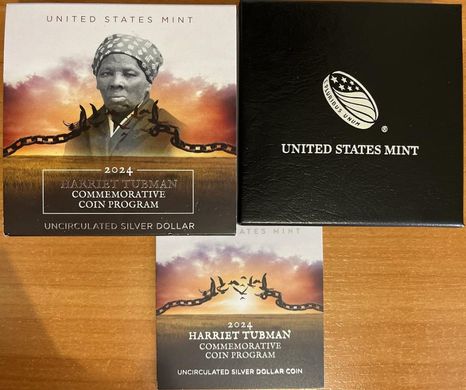 США - 1 Dollar 2024 - P - Гарриет Табман / Tubman - comm. срібло - в коробочке с сертификатом - UNC