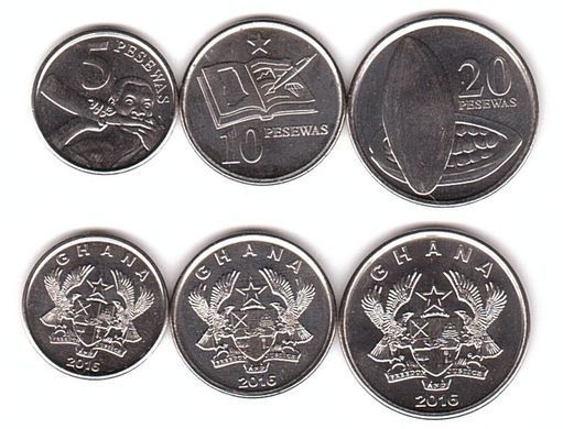 Ghana - set 3 coins 5 10 20 Pesewas 2016 - UNC