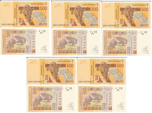 Западная Африка - 5 шт х 500 Francs 2022 - letter T - UNC