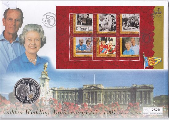 Guernsey - 5 Pounds 1997 - color - 50th wedding anniversary of Queen Elizabeth II and Prince Philip - comm. - in an envelope - UNC