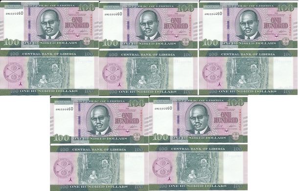 Либерия - 5 шт х 100 Dollars 2022 - UNC