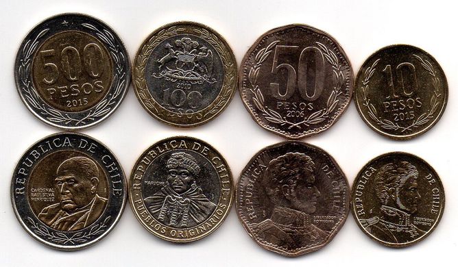 Chile - set 4 coins - 10 50 100 500 Peso 2006 - 2015 - aUNC