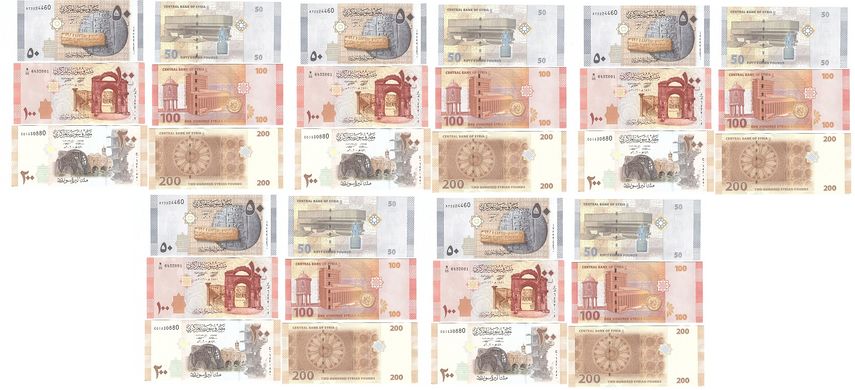 Сирія - 5 шт х набір 3 банкноти 50 + 100 + 200 Pounds 2009 / 2019 - UNC
