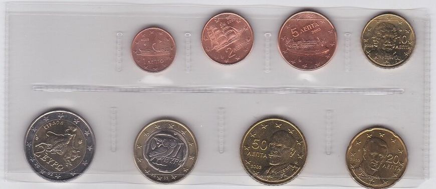 Греция - набор 8 монет 2 5 10 20 50 Cent 1 2 Euro 2002 - 2003 - aUNC
