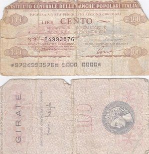 Італія / Bologna - ​​100 Lire 1977 - Banche Popolari Italiane - VF / F