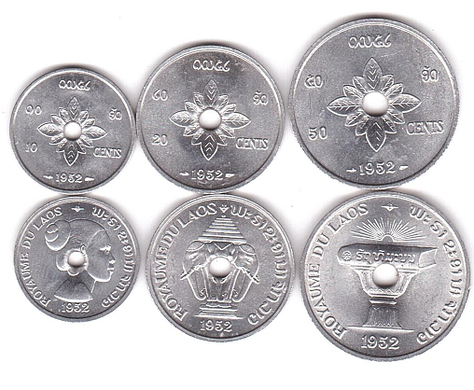 Лаос - 5 шт. х набір 3 монети 10 20 50 Cents 1952 - aUNC