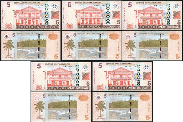 Suriname - 5 pcs x 5 Dollars 2012 - Pick 162 - UNC
