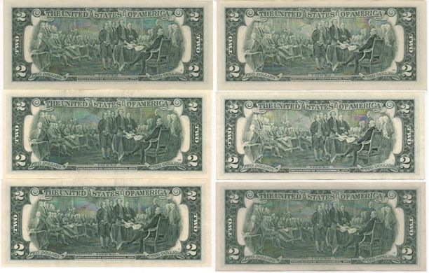США - набор 6 банкнот x 2 Dollars 1976 - 2017 - XF+ / UNC