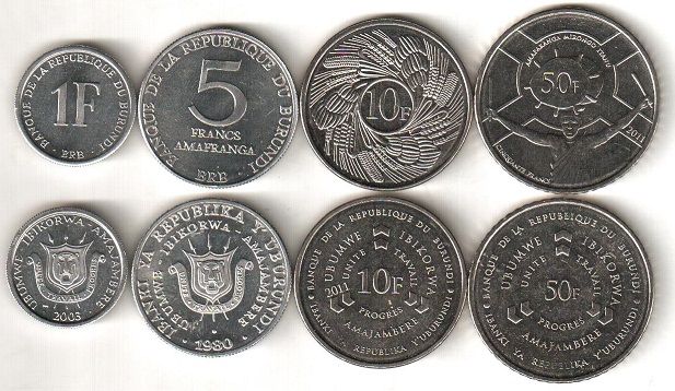 Бурунди - 5 шт х набор 4 монеты 1 5 10 50 Francs 1980 - 2011 - UNC