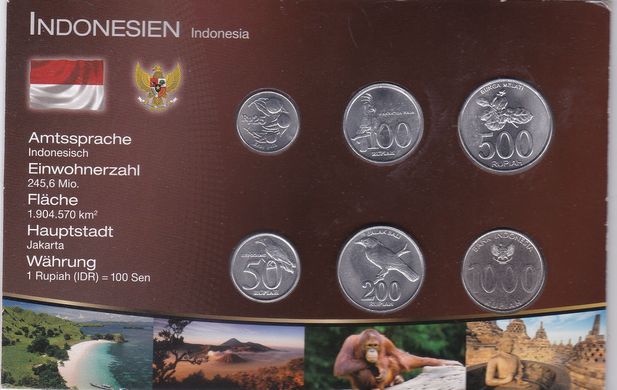 Индонезия - набор 6 монет 25 50 100 200 500 1000 Rupiah 1994 - 2010 - в буклете - UNC