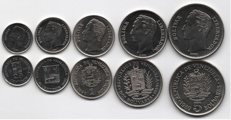 Venezuela - set 5 coins 25 50 Centimos 1 2 5 Bolivares 1989 - 1990 - UNC