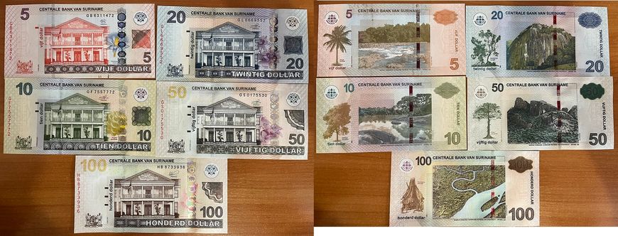 Suriname - set 5 banknotes 5 10 20 50 100 Dollars 2012 - 2020 - UNC