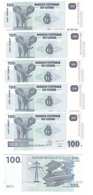 Конго ДР - 5 шт х 100 Francs 2013 - P. 98b - UNC