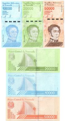 Venezuela - 5 pcs x set 3 banknotes 10000 20000 50000 Soberanos 2019 - wide segmented security thread - UNC