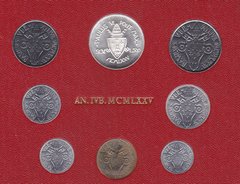 Ватикан - набор 8 монет 1 2 5 10 20 50 100 ( 500 серебро ) Lire 1975 - Священный год - на картонке - aUNC / XF