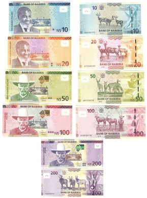 Namibia - set 5 banknotes 10 20 50 100 200 Dollars 2015 - 2019 - UNC