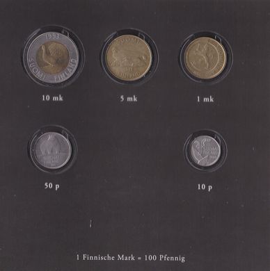 Finland - set 5 coins 10 50 Pennia 1 5 10 Markka 1990 - 1994 - in the booklet - aUNC / XF