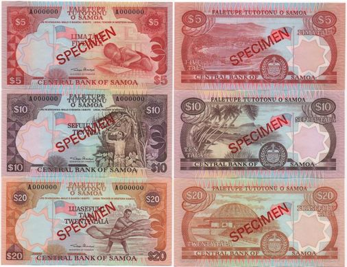 Самоа - набір 3 банкноти 5 10 20 Tala 2002 - P. 33a,34a,35a - Specimen Sign: Minister of finance - UNC