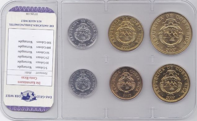 Коста-Рика - набор 6 монет 5 10 25 50 100 500 Colones 2003 - 2007 - в блистере - UNC
