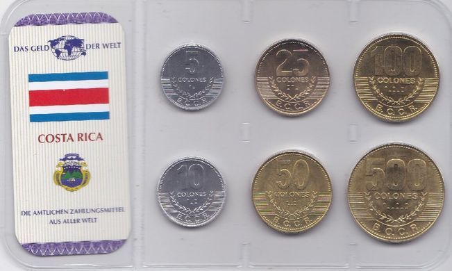 Costa Rica - set 6 coins 5 10 25 50 100 500 Colones 2003 - 2007 - in blister - UNC