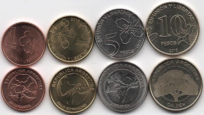 Argentina - 5 pcs x set 4 coins 1 2 5 10 Pesos 2017 - 2018 - UNC