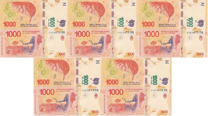 Аргентина - 5 шт х 1000 Pesos 2017 - Serie OA - P. 366(1) - UNC
