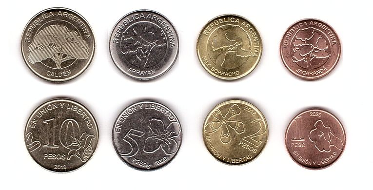 Argentina - 5 pcs x set 4 coins 1 2 5 10 Pesos 2018 - 2020 - UNC