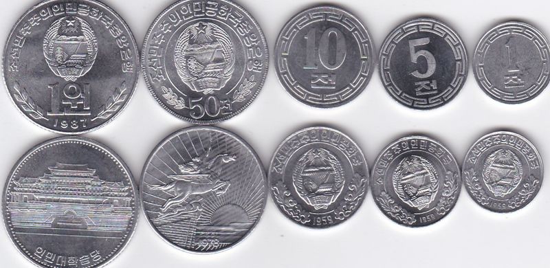 Корея Північна - набір 5 монет 1 5 10 50 Chon 1 Won 1959 - 1987 - aUNC / UNC