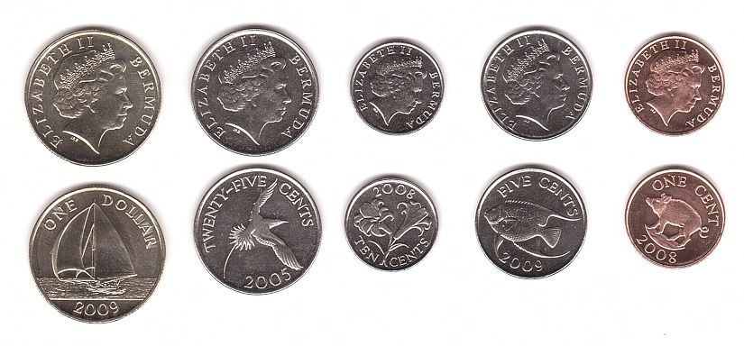 Bermuda - set 5 coins 1 5 10 25 Cents 1 Dollar 2005 - 2009 - UNC